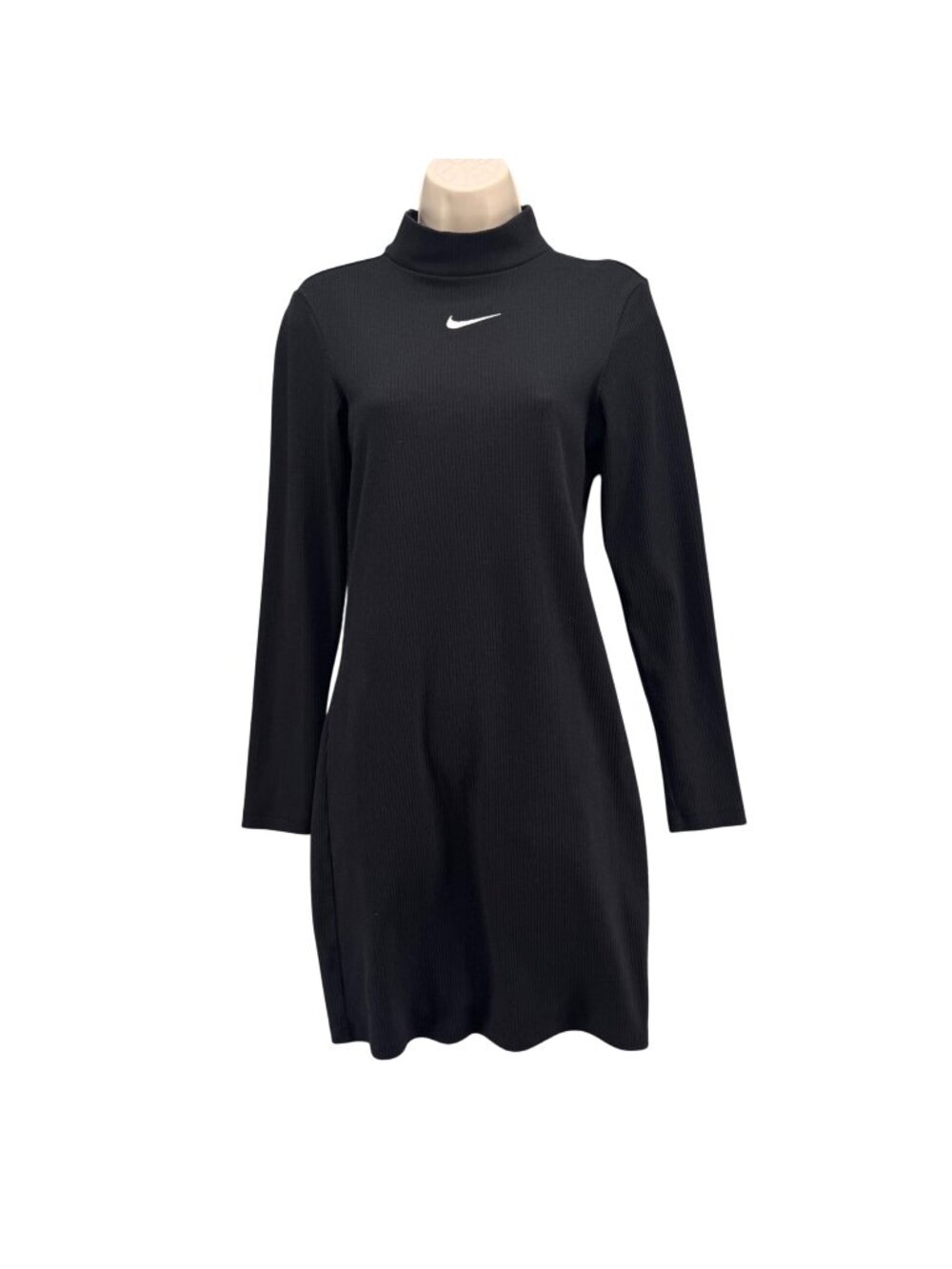 Nike Mock Neck Mini Dress Black Ribbed Knit Long Sleeve Swoosh Minidress Size XS